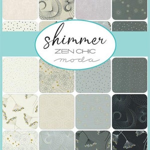 Shimmer metallic quilt fabric fat quarter bundle with assorted dots and swirls in blue and gray.