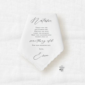 White embroidered flower girl handkerchief with personalized message and signature