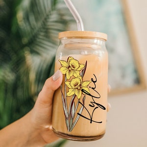 Personalized iced coffee cup jar with lid and straw, yellow flower design and name text