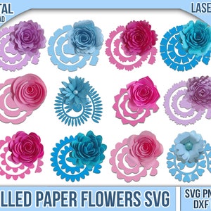 Paper flower SVG template bundle with multiple rolled flower designs in pink, blue, and purple