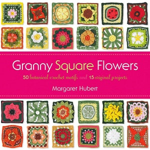 Crochet granny square flowers ebook cover with colorful square motifs and title