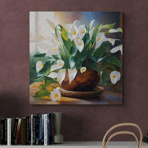 Floral arum lily bouquet stretched canvas wall art with white flowers and green leaves in vase
