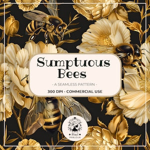 Seamless wallpaper pattern of gold and black bees with cream botanical flowers, repeat design