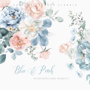 Watercolor floral bouquets in dusty blue and peach blush with eucalyptus leaves
