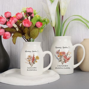 Personalized ceramic family flower jug with floral print and handwritten-style text on white