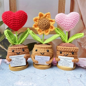 Handmade crochet potted plant decor with sunflower and heart flowers, three pots