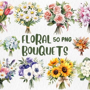 Watercolor floral bouquet clipart set with roses, daisies, peonies, tulips and text