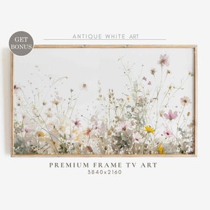Samsung Frame TV art in wood-look frame, warm spring wildflowers on light background