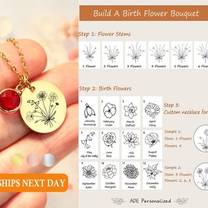 Gold-tone birth flower bouquet necklace with red round birthstone pendant and chain