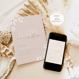 Boho baby shower invitation card with floral details, pink design and Baby in Bloom text