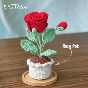 Crochet rose pot, red rose with green leaves in white pot