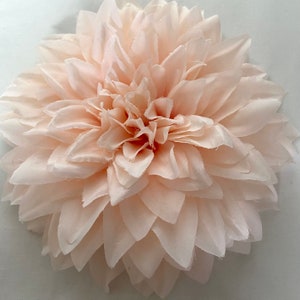 Blush pink fabric chrysanthemum flower brooch with layered petals, oversized 8-inch style