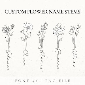 Black line-art flower name stems tattoo design with various small blossoms and curling vines