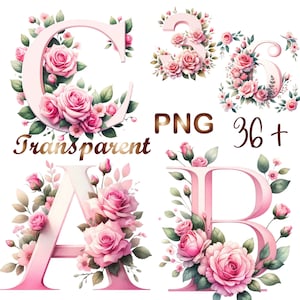 Watercolor floral alphabet clipart with pink roses; letters A, G, and D