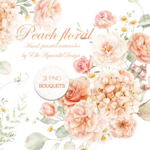 Peach watercolor floral clipart with blush roses, hydrangea flowers, and green leaves