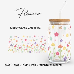 16 oz glass tumbler with cork lid and colorful floral pattern, with drinking straw