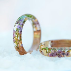 Heather flower wooden ring with pink and purple resin inlay, nature ring