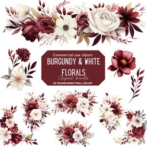 Burgundy and white watercolor floral clipart set with roses, leaves, and small blossoms