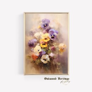 Framed floral wall art print with purple pansy flowers and yellow centers