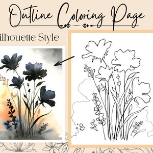 Wildflower outline coloring page PDF with black line art and flower silhouettes