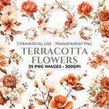 35 Watercolour Terracotta Flowers Clipart Pack, Autumn Clipart, Commercial Use, Transparent Background PNGs, Wedding Botanical Clipart