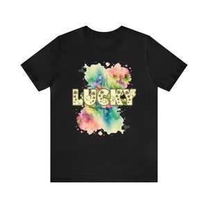 Black Lucky St. Patrick's Day t-shirt with colorful shamrock watercolor splash design