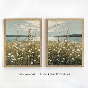 Set of 2 framed wildflower botanical prints with pale yellow blooms and blue sky