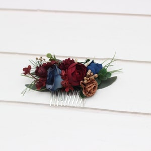 Floral hair comb with burgundy, navy, and gold flowers
