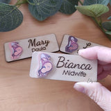 Personalized Tag ID badge 2D Baby in the womb. Pregnant body model. Gift for midwife, doula, nurse. Wooden engraved.