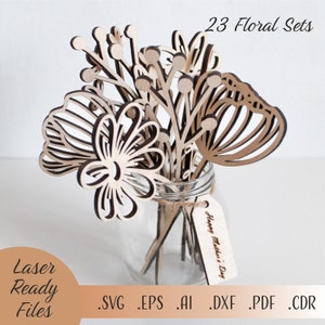 Wooden laser-cut wildflower floral set with layered cutout flowers on stems