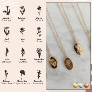 18K gold birth flower necklace with three teardrop pendants on thin chain
