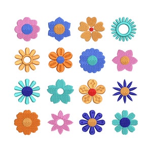 Mini flower machine embroidery design set, 16 small floral motifs in assorted colors