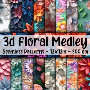 3D floral seamless digital paper pack with assorted flower patterns, 12x12in tiles