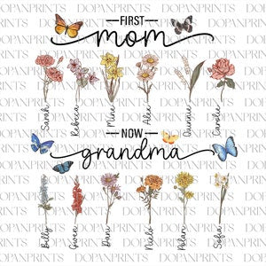 Watercolor floral graphic with “mom” and “grandma” text, surrounded by small flowers