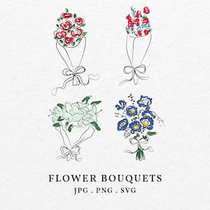 Set of four hand-drawn floral bouquet illustrations with bows, blue and green blossoms.