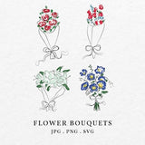 Flower Bouquet Illustration Bundle SVG PNG - Hand Drawn Whimsical Florist Floral Blossom Arrangements For Wedding Invitation Icon Clip Art