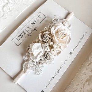 Baby ivory pearl flower headband with rose and lace applique, soft satin band