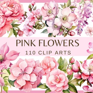 Pink flower clip art bundle with 110 floral designs, mixed blossoms and leaves