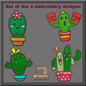 Set of four cactus embroidery designs, green cacti with flowers and pots, machine-ready