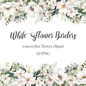 Watercolor white flower border clipart bundle with framed floral corners and accents