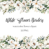 White Flower Border Clipart, Watercolor Floral Clipart Bundle, Wedding Flower, White Floral Frame, White Flower PNG, Digital Download