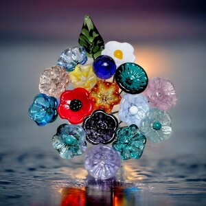 Handmade mini glass flower and leaf bouquet with multicolor blooms and leaves