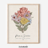 Mother's Day Gift, Mom's Garden Print, Birthday Gifts for Mom, Custom Birth Flower Bouquet Wall Art, Personalized Antique Flower for Mum