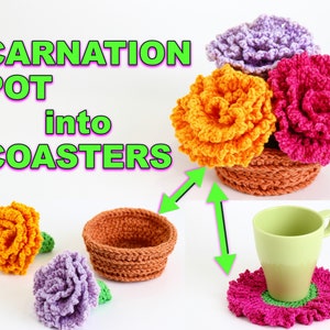 Crochet coaster set pattern featuring a flower pot with crocheted carnation blooms