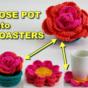 Crochet rose coaster set with pink flower rosette and cup holder, handmade look