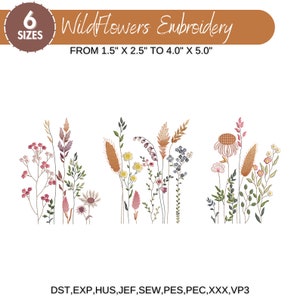 Wildflower embroidery design bundle with six cottagecore flower motifs, assorted stems and leaves