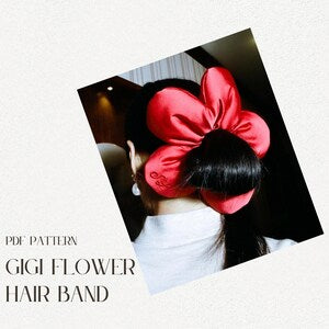 Red satin flower hair band with bow; sewing pattern for scrunchie-style accessory