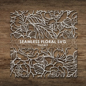 Seamless peony floral line art SVG pattern with leaves, repeating tile