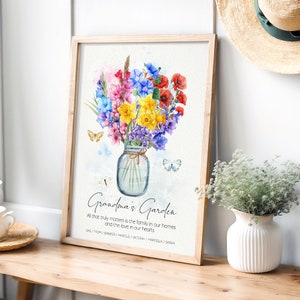 Birth flower bouquet wall art print in wood frame with colorful flowers and a small gold butterfly
