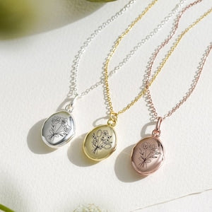 Oval locket necklace with birth flower charm, silver gold and rose-tone chains